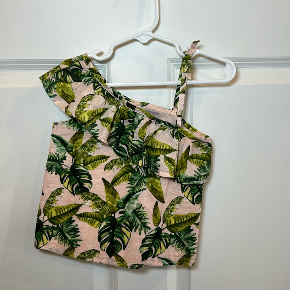 Green & Pink Palm Print 1 Shoulder Top